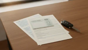 Documents pour achat voiture occasion entre particuliers étalés sur un bureau en bois : carte grise, formulaire Cerfa, contrôle technique et clés de voiture