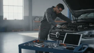 Mécanicien effectuant une révision moteur dans un garage automobile, capot ouvert, outils professionnels