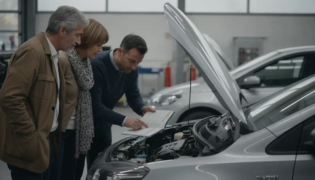 Couple inspectant une voiture hybride d'occasion grise chez un garage automobile