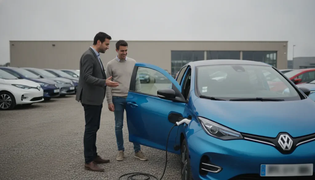 Vendeur automobile présentant une voiture électrique d'occasion à des clients sur un parking de concession