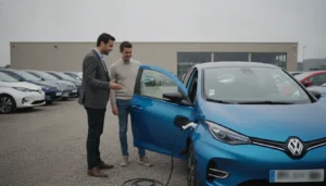 Vendeur automobile présentant une voiture électrique d'occasion à des clients sur un parking de concession