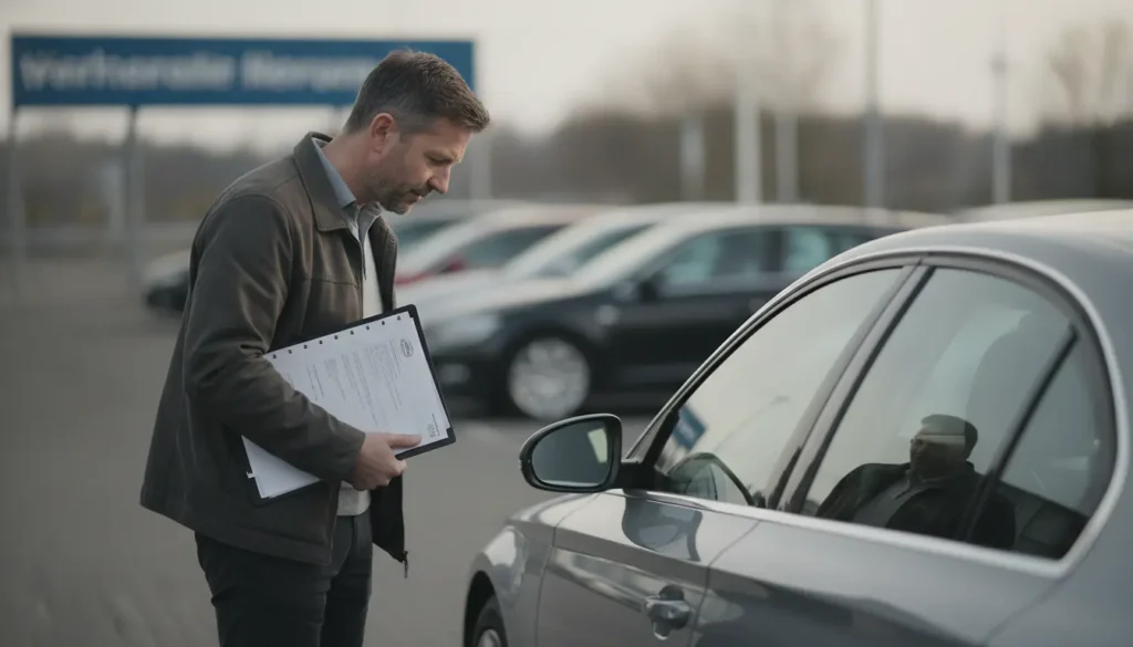 Homme examinant une voiture d'occasion sur un parking de concession au Luxembourg